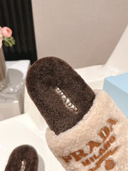 PRADA 25S FLAT MULES IN CREAM AND DARK BROWN RABBIT FUR