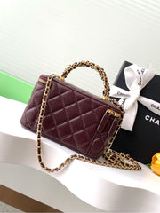 SMALL VANITY CASE WITH HANDLE 17 IN WINE RED LAMBSKIN GOLD HARDWARE