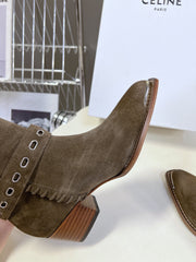 CELINE 25S BULKY LACED UP BOOTS 45MM IN CHARCOAL BROWN SUEDE