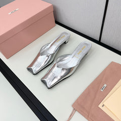 SQUARE TOE MULES SILVER SHEEPSKIN