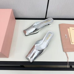 SQUARE TOE MULES SILVER SHEEPSKIN