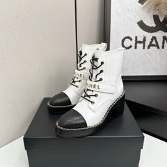 CHANEL 25S LACE-UP HEELED ANKLE BOOTS IN WHITE CALFSKIN
