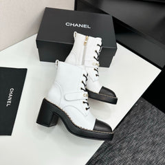 CHANEL 25S LACE-UP HEELED ANKLE BOOTS IN WHITE CALFSKIN
