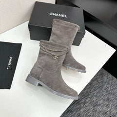 CHANEL 25S SHORT BOOTS IN GRAY SUEDE SILVER HARDWRE