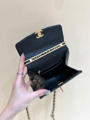 25S CHANEL TOTE CROSSBODY BAG 19 IN BLACK GLOSSY LEATHER WITH METAL HANDLE