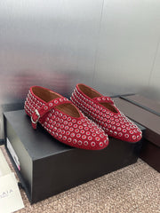 ALAIA MARY JANE FLAT 25S IN DARK RED LAMBSKIN EMBELLISHED WITH CRYSTALS