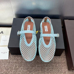 ALAIA MARY JANE FLAT 25S IN PASTEL BLUE MESH CALFSKIN