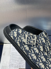 DIOR 25S AQUA MULES WITH OBLIQUE PATTERN IN DEEP BLUE CANVAS