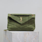 YSL 25S LOULOU PUFFER MM 29 IN GREEN SUEDE GOLD HARDWARE