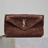 YSL 25S LOULOU PUFFER MM 29 IN DARK BROWN SUEDE GOLD HARDWARE