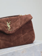 YSL 25S LOULOU PUFFER MINI 23 IN DARK BROWN SUEDE GOLD HARDWARE