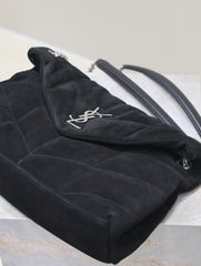 YSL 25S LOULOU PUFFER GM 35 IN BLACK SUEDE SILVER HARDWARE