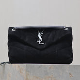 YSL 25S LOULOU PUFFER MM 29 IN BLACK SUEDE SILVER HARDWARE