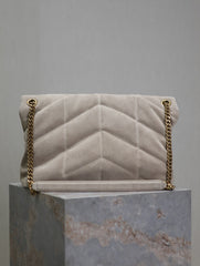 YSL 25S LOULOU PUFFER GM 35 IN SMOKEY TAUPE SUEDE GOLD HARDWARE