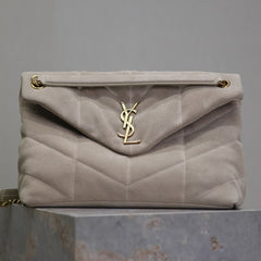 YSL 25S LOULOU PUFFER GM 35 IN SMOKEY TAUPE SUEDE GOLD HARDWRE