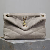 YSL 25S LOULOU PUFFER MM 29 IN SMOKEY TAUPE SUEDE GOLD HARDWRE