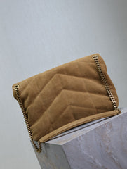 YSL 25S LOULOU PUFFER GM 35 IN TAN BROWN SUEDE GOLD HARDWARE