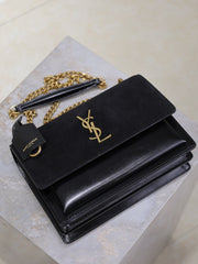 YSL 25S SUNSET BAG 22 IN BLACK CALFSKIN AND SUEDE GOLD HARDWARE