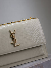 YSL 25S SUNSET MEDIUM 22 IN IVORY CROCODILE-EMBOSSED SHINY CALFSKIN GOLD HARDWARE
