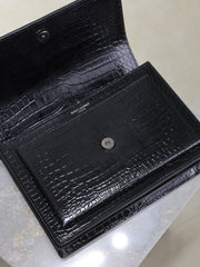 YSL 25S SUNSET MEDIUM 22 IN BLACK CROCODILE-EMBOSSED SHINY CALFSKIN BLACK HARDWARE