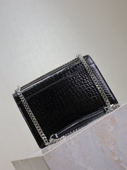 YSL 25S SUNSET MEDIUM 22 IN BLACK CROCODILE-EMBOSSED SHINY CALFSKIN SILVER HARDWARE