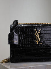 YSL 25S SUNSET MEDIUM 22 IN BLACK CROCODILE-EMBOSSED SHINY CALFSKIN GOLD HARDWRE
