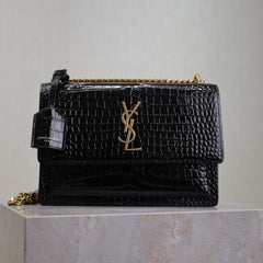 YSL 25S SUNSET MEDIUM 22 IN BLACK CROCODILE-EMBOSSED SHINY CALFSKIN GOLD HARDWRE