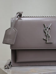 YSL 25S SUNSET BAG 22 IN DARK PURPLE CALFSKIN SILVER HARDWARE