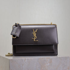 YSL 25S SUNSET BAG 22 IN COFEE BROWN CALFSKIN GOLD HARDWRE