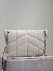 YSL 25S LOULOU PUFFER MM 29 IN SMOKEY TAUPE CALFSKIN SILVER HARDWARE