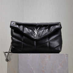 YSL 25S LOULOU PUFFER GM 35 IN BLACK CALFSKIN SILVER HARDWARE