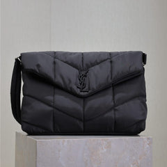YSL 25S LOULOU PUFFER BAG 34 IN BLACK NYLON SILVER HARDWARE