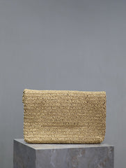 YSL 25S CASSANDRE LARGE ENVELOPE POUCH 29 IN NATURAL RAFFIA GOLD HARDWARE
