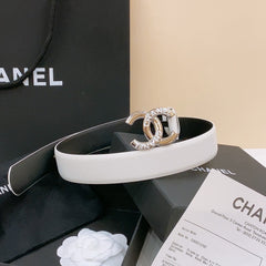 DOUBLE C BELT 30MM IN WHITE CALFSKIN SILVER BUCKLE EMBOSSED WHITE LOGO