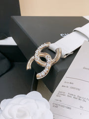 DOUBLE C BELT 30MM IN WHITE CALFSKIN SILVER BUCKLE EMBOSSED WHITE LOGO