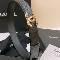 DOUBLE C BELT 40MM IN BLACK QUILTED LAMBSKIN GOLD BUCKLE EMBOSSED LOGO