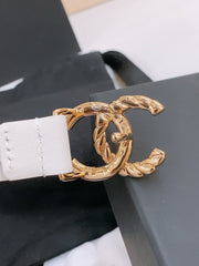 DOUBLE C BELT 20MM IN WHITE CALFSKIN WITH GOLD CHAIN INTERWOVEN BUCKLE