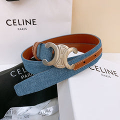 CELINE 25S BELT TRIOMPHE TAURILLON 25MM IN BROWN CALFSKIN AND DENIM 558353