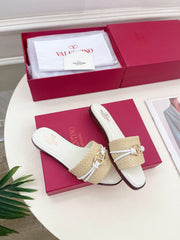 GARAVANI V LOGO SIGNATURE SLIDE IN BEIGE RAFFIA AND WHITE CALFSKIN