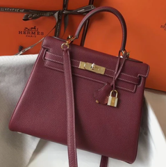 KELLY 25CM IN BURGUNDY RED CALFSKIN GOLD HARDWARE