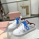 SNEAKER MULES IN WHITE CALFSKIN WHITE BLUE LACES
