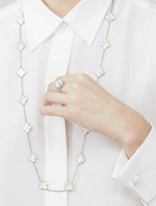 CLOVER 20 MOTIF WHITE MOP 86CM SILVER NECKLACE