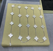 CLOVER 20 MOTIF WHITE MOP 86CM SILVER NECKLACE