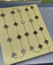 CLOVER 20 MOTIF GREY MOP PINK GOLD NECKLACE