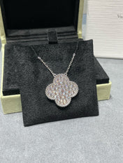 CLOVER LARGE PENDANT DIAMOND PAVED SILVER NECKLACE