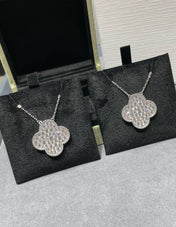 CLOVER LARGE PENDANT DIAMOND PAVED SILVER NECKLACE