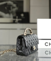 MINI RECTANGLE FLAP BAG TOP HANDLE 20CM BLACK LAMBSKIN SILVER HARDWARE