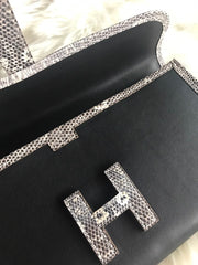 JIGE ELAN 29 CLUTCH IN BLACK CALFSKIN WITH WHITE LIZARD SKIN