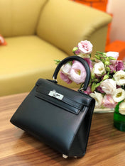 KELLY MINI 20 BAG IN BLACK SMOOTH CALFSKIN WITH SILVER HARDWARE