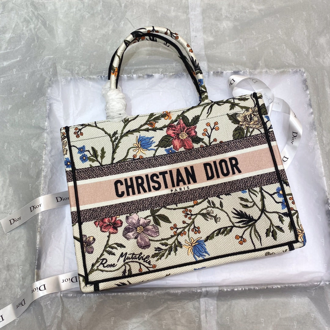 MEDIUM BOOK TOTE BAG 36 IN BEIGE COTTON WITH MULTICOLOR EMBROIDERY